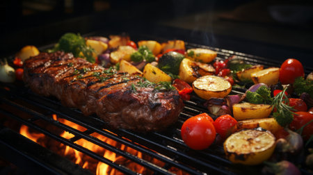 Meat and vegetables cooking on a grill close-up. Generative AI.の素材