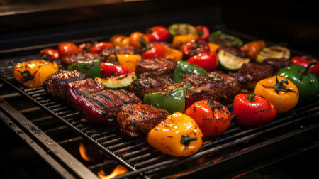 Meat and vegetables cooking on a grill close-up. Generative AI.の素材
