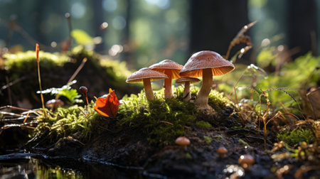 Mushrooms growing on a log in the woods. Generative AI.の素材