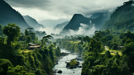 Rainforest landscape with trees and fog. Generative AI.の素材