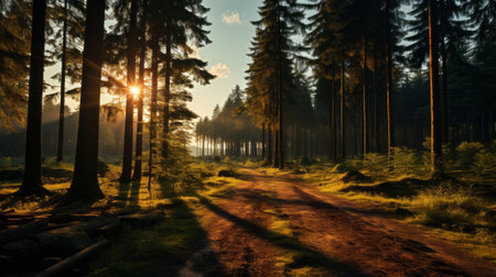 Sun shining through the trees. Generative AI.の素材