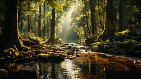 Sun shining through the trees. Generative AI.の素材