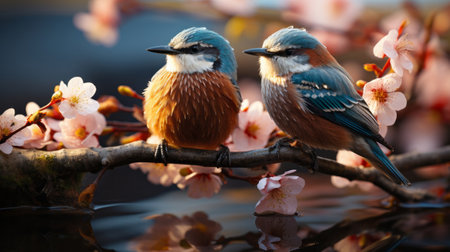 Two birds with large beaks on a branch. Generative AI.の素材
