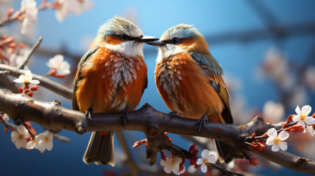 Two birds with large beaks on a branch. Generative AI.の素材