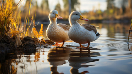 Two ducks standing on a log. Generative AI.の素材