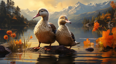 Two ducks standing on a log. Generative AI.の素材