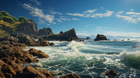 Waves crashing waves on a rocky beach. Generative AI.の素材