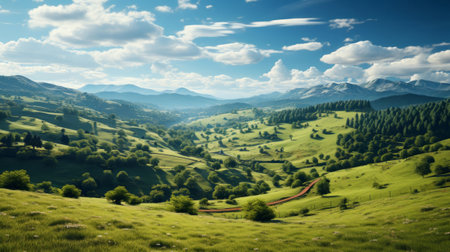 A green field with blue sky and clouds. Generative AI.の素材