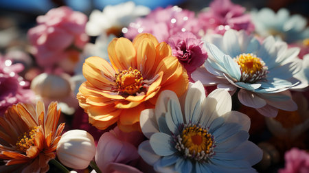 A group of colorful flowers close-up. Generative AI.の素材