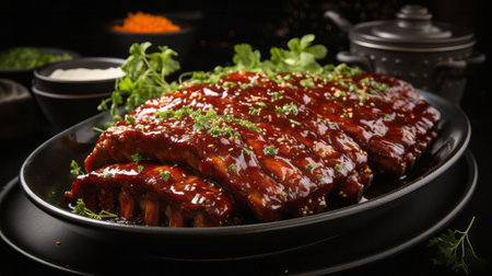 A group of ribs on a black plate close-up. Generative AI.の素材
