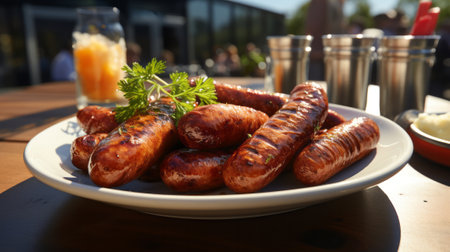 A group of sausages on a table close-up. Generative AI.の素材