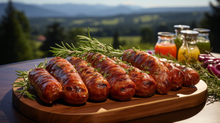 A group of sausages on a wooden board. Generative AI.の素材