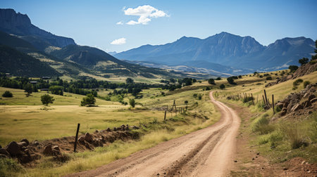 A landscape with a dirt road and a fence. Generative AI.の素材