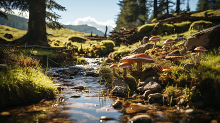 A landscape with mushrooms and a stream. Generative AI.の素材