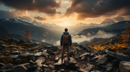 A man standing on a rock looking at a light. Generative AI.の素材