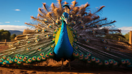 A peacock with its tail feathers spread out. Generative AI.の素材