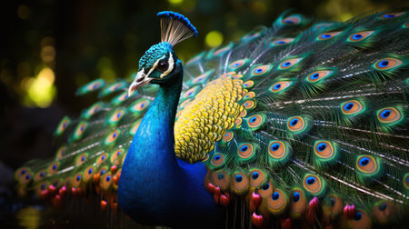A peacock with its tail feathers spread out. Generative AI.の素材