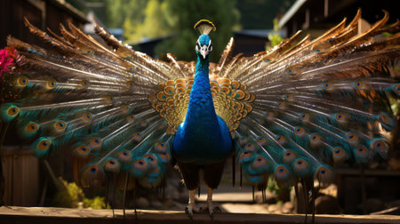 A peacock with its tail feathers spread out. Generative AI.の素材