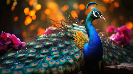 A peacock with its tail feathers spread out. Generative AI.の素材