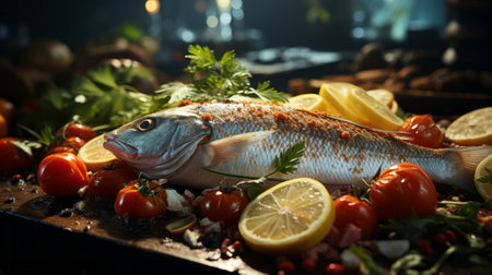 A piece of fish with vegetables and spices. Generative AI.の素材