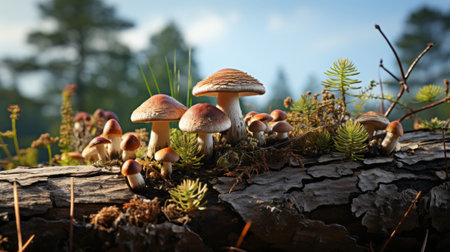 A pine cone and mushrooms on a log. Generative AI.の素材