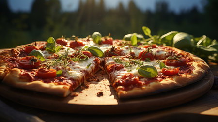 A pizza with basil leaves on it close-up. Generative AI.の素材