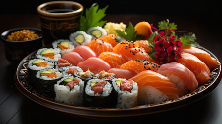 A plate of sushi on a black surface. Generative AI.の素材