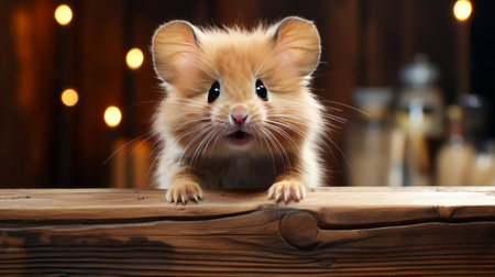 A small animal with its paws on a wood surface. Generative AI.の素材