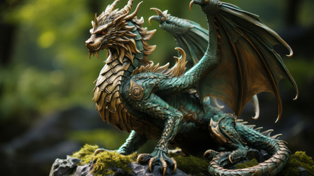 A statue of a green dragon. Generative AI.の素材