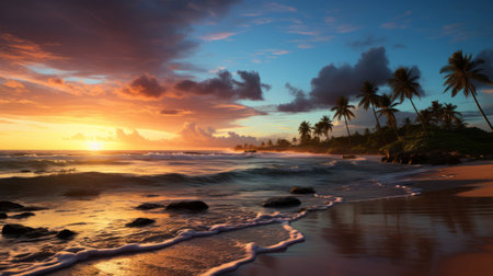 A sunset over a beach with palm trees. Generative AI.の素材