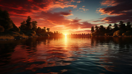 A sunset over a body of water. Generative AI.の素材