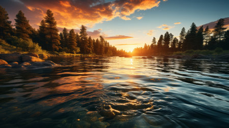 A sunset over a body of water. Generative AI.の素材