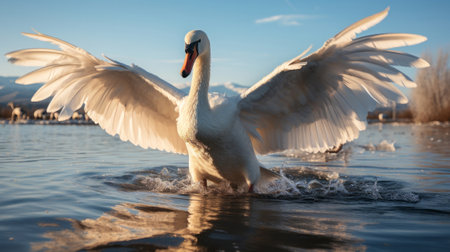 A swan with wings spread out in water. Generative AI.の素材