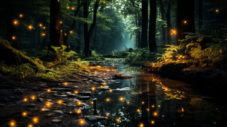A trail through a forest with fireflies. Generative AI.の素材