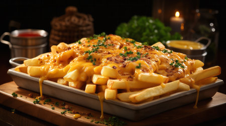 A tray of french fries with meat and cheese. Generative AI.の素材