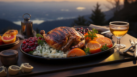 A turkey on a platter with food and candles. Generative AI.の素材