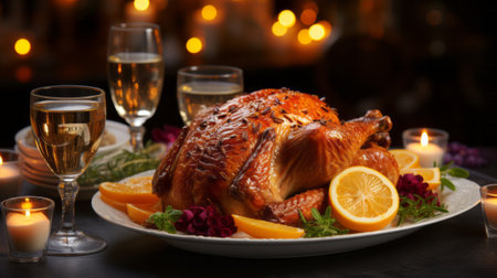 A turkey on a platter with food and candles. Generative AI.の素材