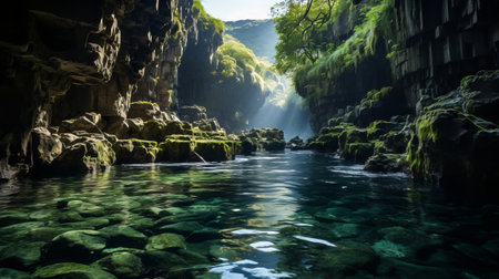 A waterfall in a cave. Generative AI.の素材