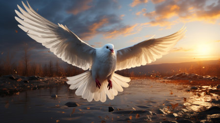 A white dove flying in the sky. Generative AI.の素材