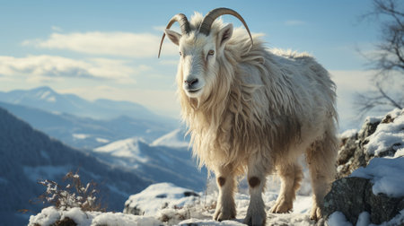 A white goat standing on a rock in the snow. Generative AI.の素材
