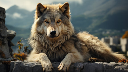 A wolf looking at the sky. Generative AI.の素材