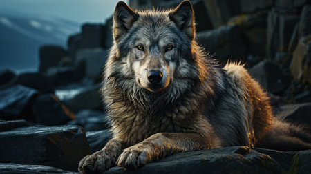 A wolf looking at the sky. Generative AI.の素材