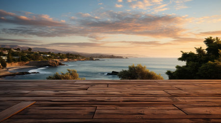 A wooden deck overlooking the ocean. Generative AI.の素材