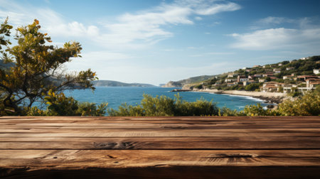 A wooden deck overlooking the ocean. Generative AI.の素材