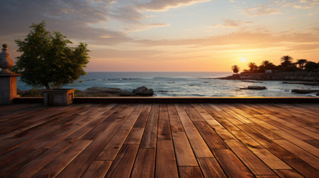 A wooden deck overlooking the ocean. Generative AI.の素材