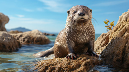 An otter standing on a rock. Generative AI.の素材