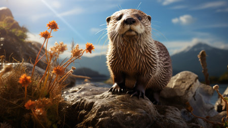 An otter standing on a rock. Generative AI.の素材