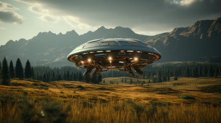 Ufo over field of wheat. Generative AI.の素材