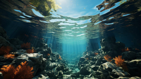Underwater view of building with columns and rocks. Generative AI.の素材