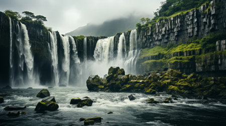 Waterfall surrounded by clouds. Generative AI.の素材